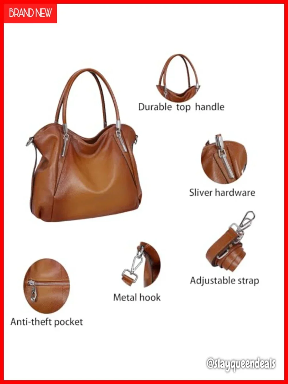 Genuine Leather Satchel Tote Handbag with Detachable Strap